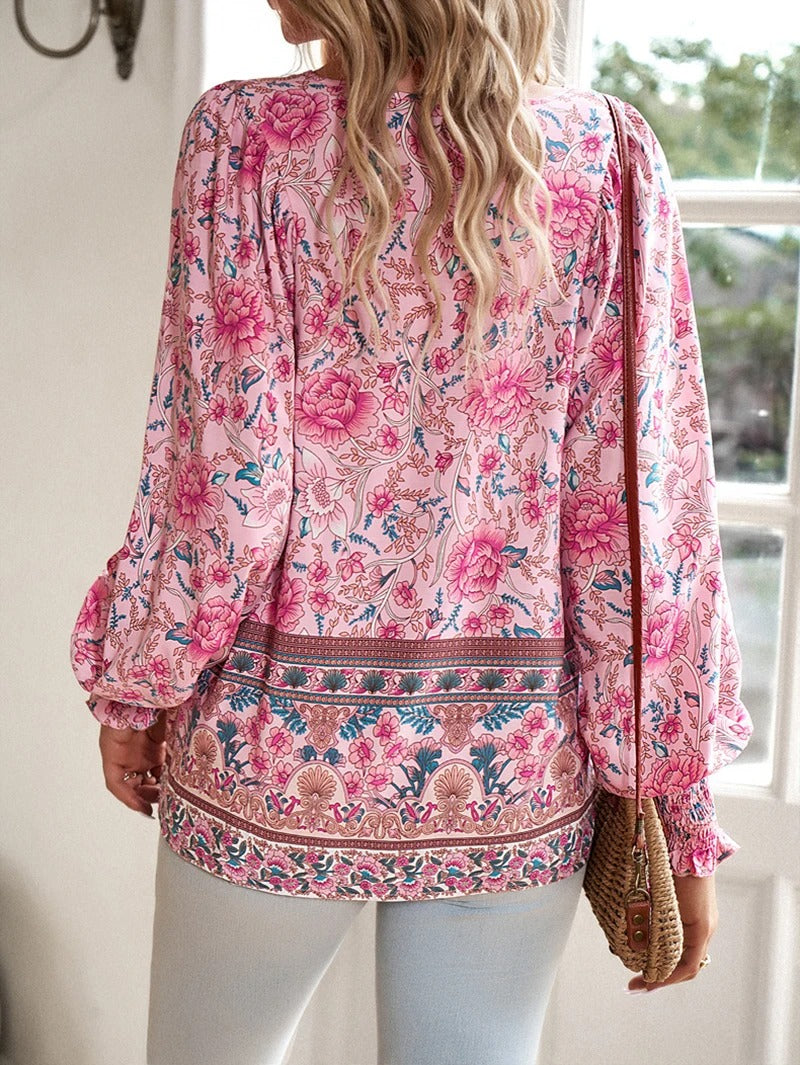 Women's Summer Floral Blouse with V-neck and Long Sleeve