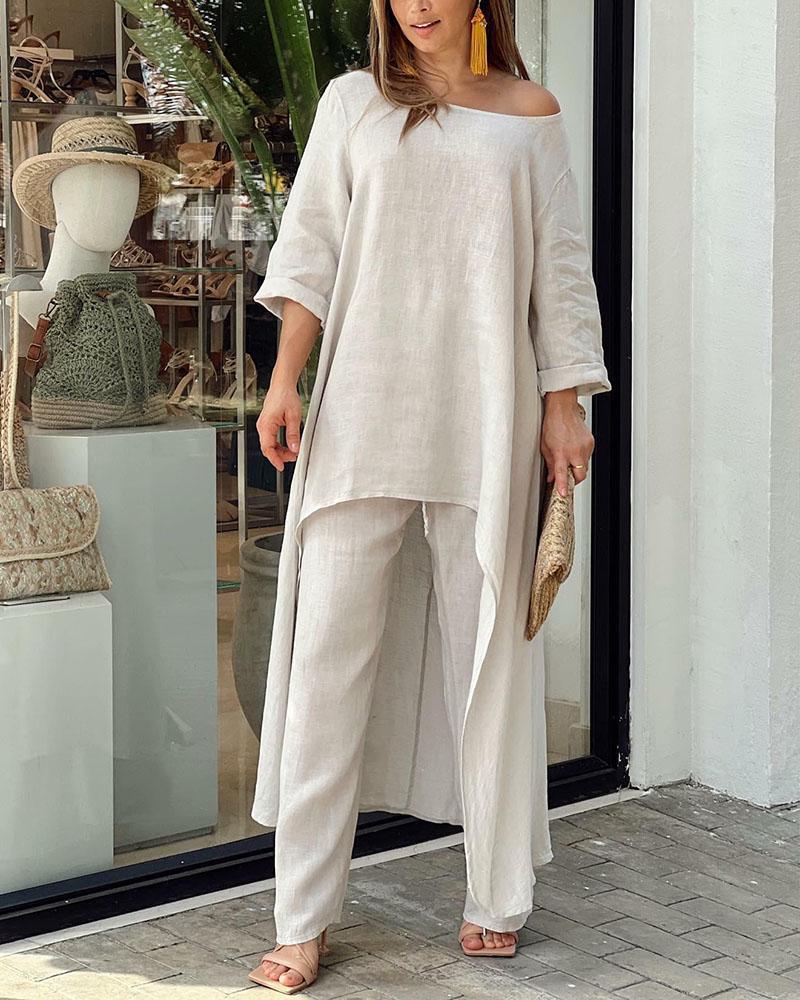 Women's Summer Two-Piece Set with Asymmetrical Long Top With Wide-Leg Pants