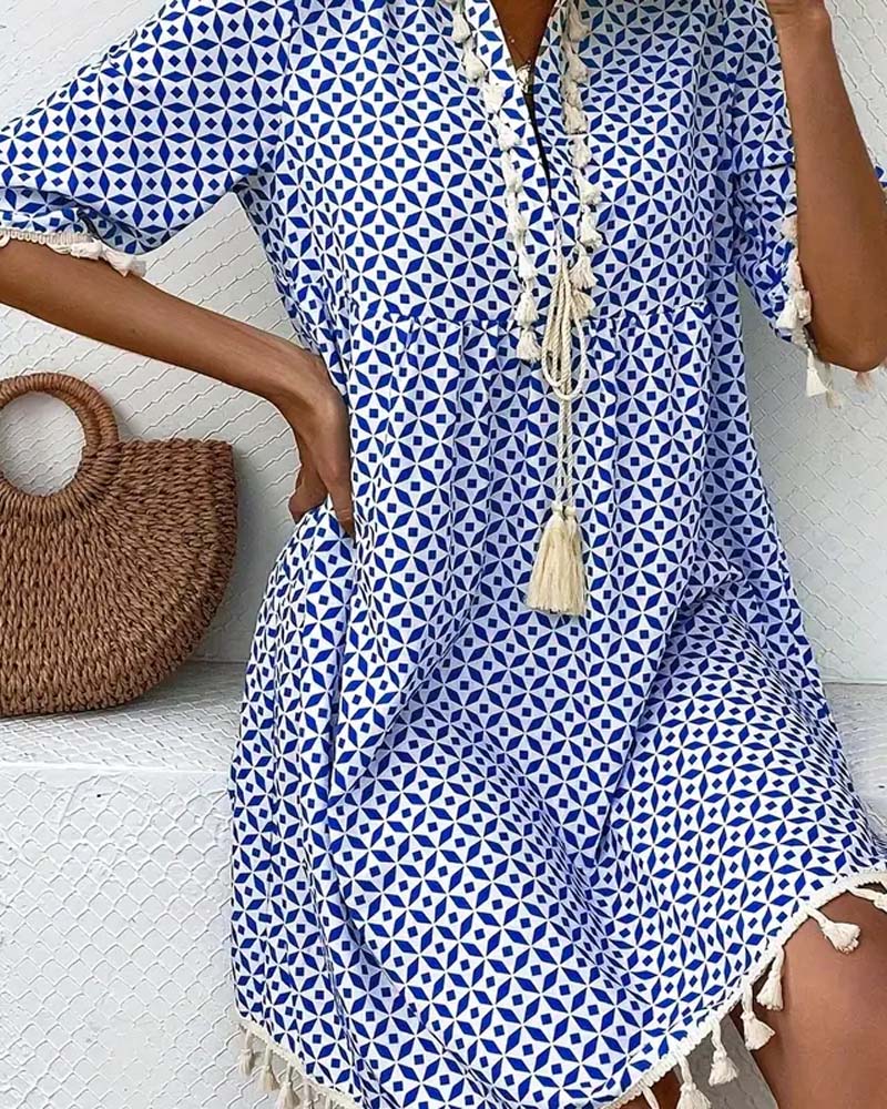 Women's Summer Printed Mini Dress with Tassels and Short Sleeves