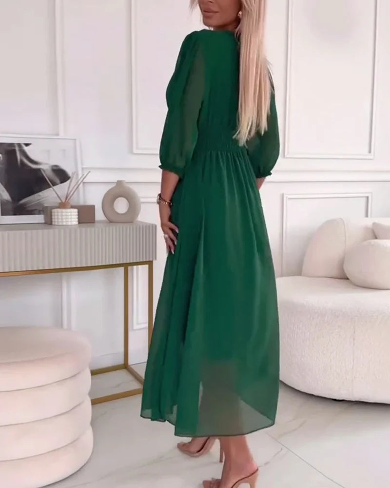 Women's Summer Midi Dress with Puff Sleeves and V-neckline