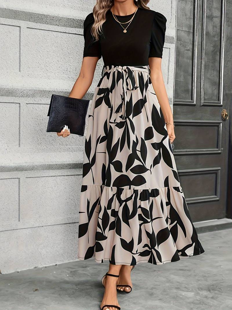 Women's Short Sleeve Dress with Leaf Print Skirt and Belt