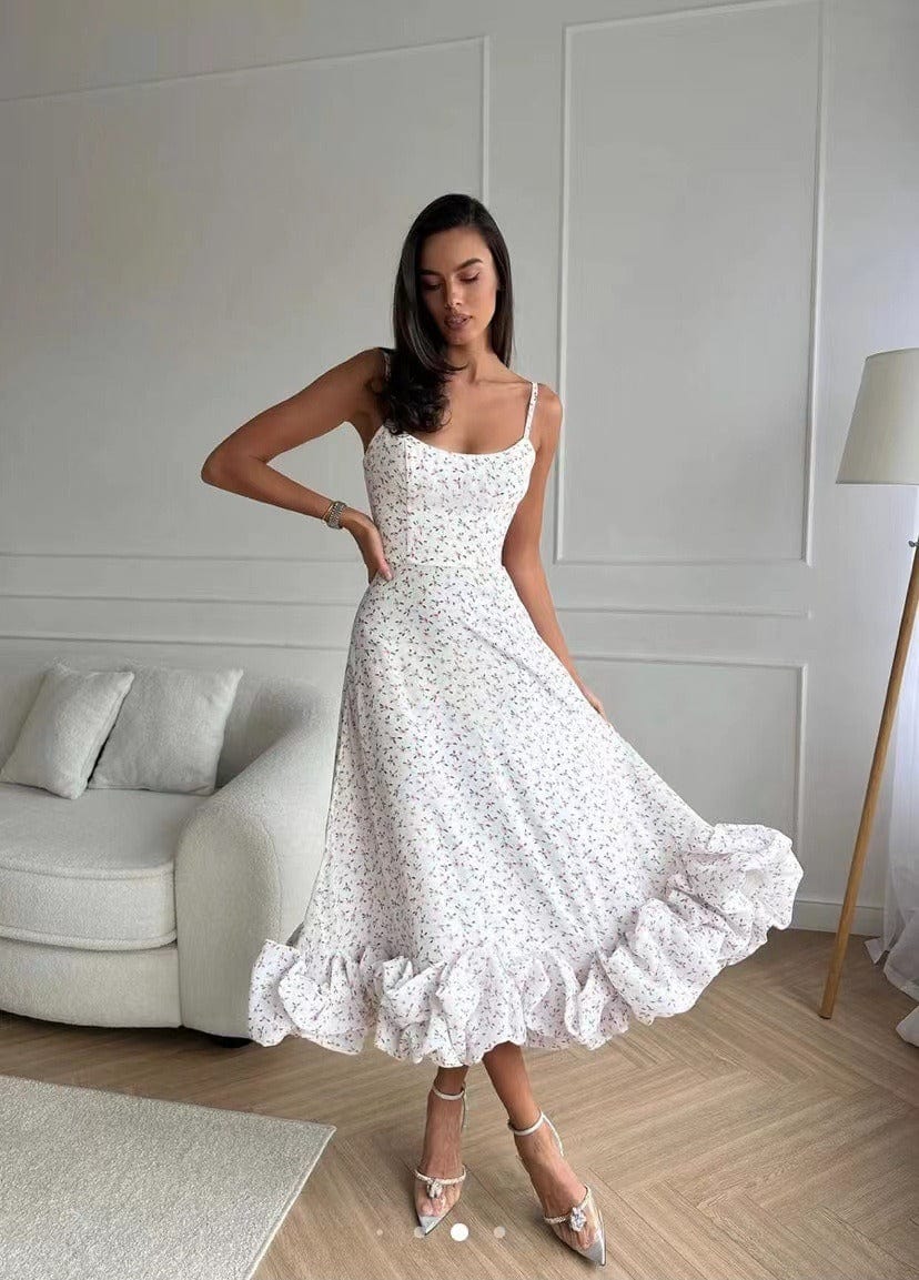 Women's Summer Formal Dress with Thin Strap and Ruffled Hem