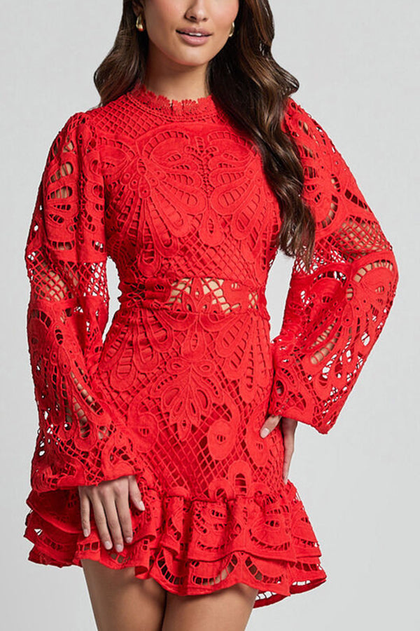 Women's Summer Mini Dress with Lace Fabric and Puff Sleeves