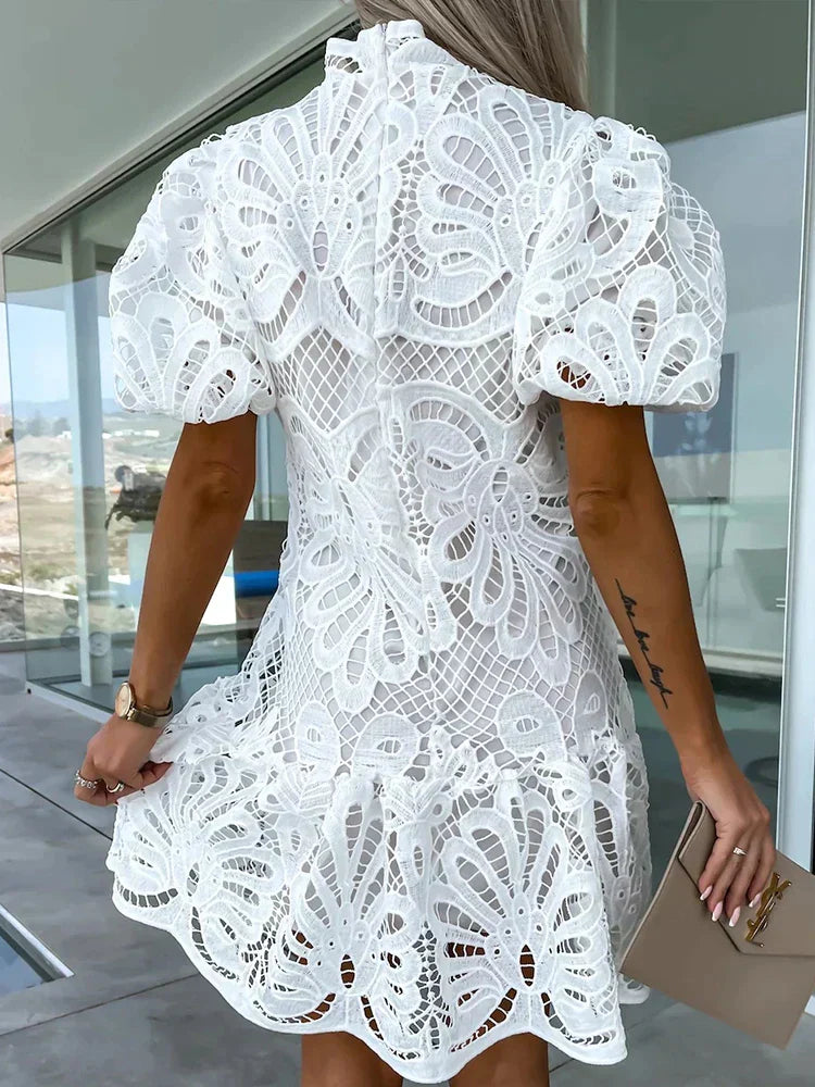 Women's Mini Party Dress with Puff Sleeve and Lace Detail