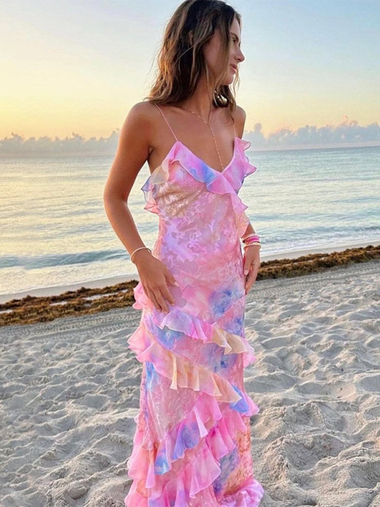 Women's Summer Sleeveless Dress with V-neck and Layered Ruffles