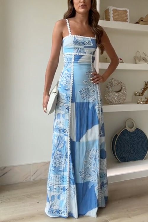 Women's Summer Sleeveless Maxi Dress with Patchwork and Lace Trim