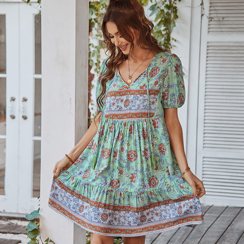 Women's Summer Floral Mini Dress with Puff Sleeves and Drawstring