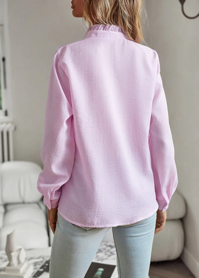 Women's Summer Long Sleeve Blouse with Buttons and Ruffles