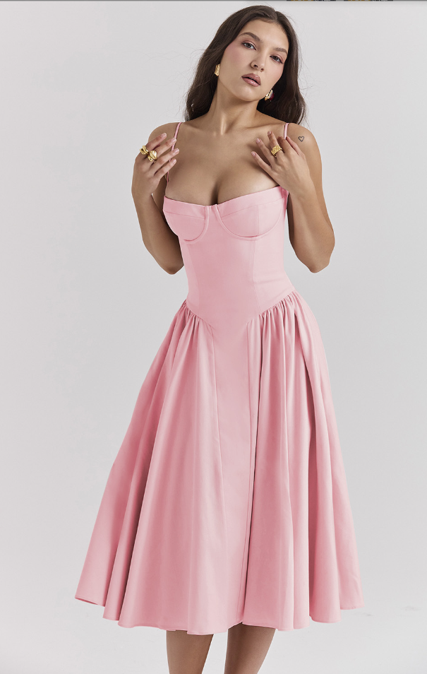 Women's Summer Midi Dress with Gathered Full Skirt and Sleeveless