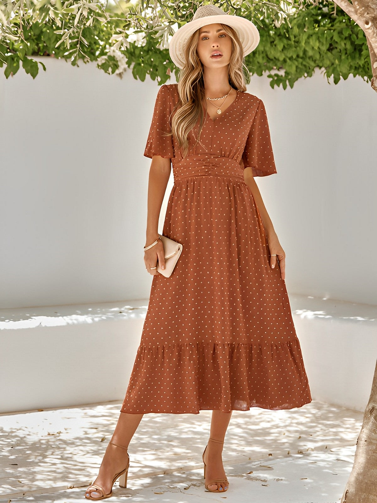 Women's Summer Belted Midi Dress with V-neck and Short Sleeve