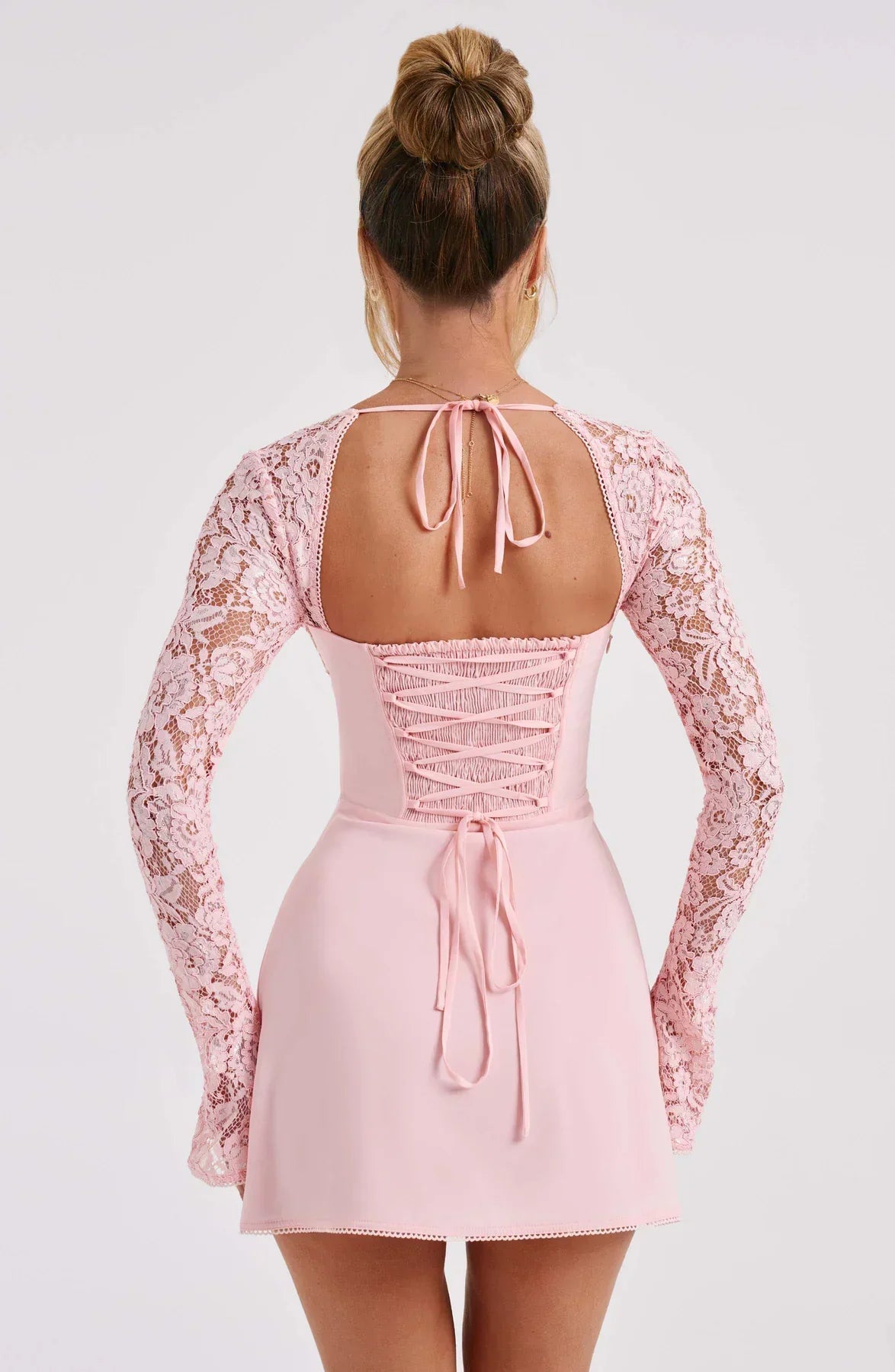 Women's Summer Party Mini Dress with Long Sleeve Lace and Drawstrings