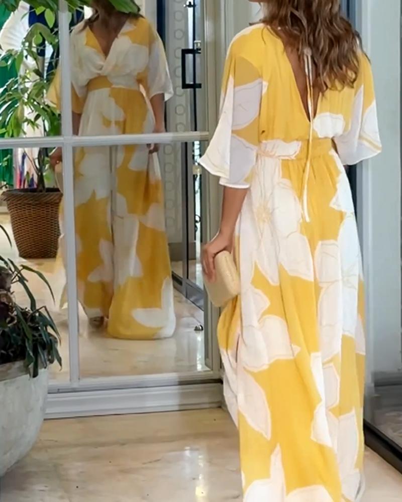 Women's Summer Floral Maxi Dress with V-neck and Elastic Waist