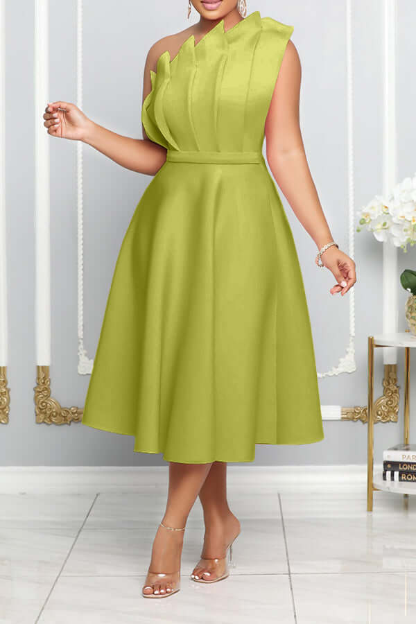 Women's Sleeveless Midi Dress with Pleated Bodice and Asymmetrical Shoulder