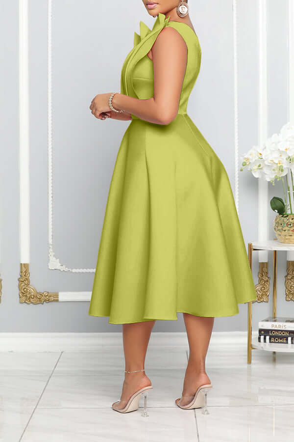 Women's Sleeveless Midi Dress with Pleated Bodice and Asymmetrical Shoulder