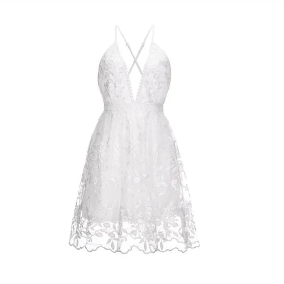 Women's Summer Embroidered Mini Dress with Deep V-Neck and Sheer Overlay