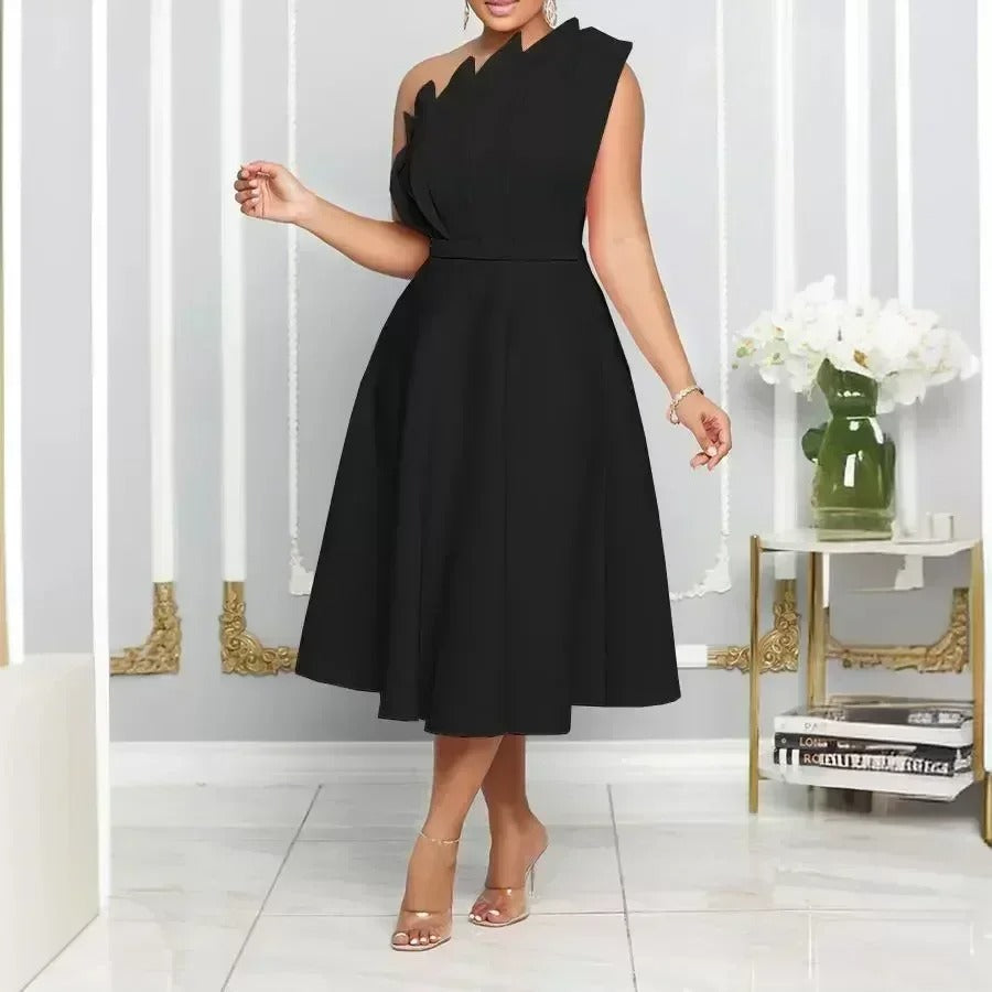 Women's Sleeveless Midi Dress with Pleated Bodice and Asymmetrical Shoulder