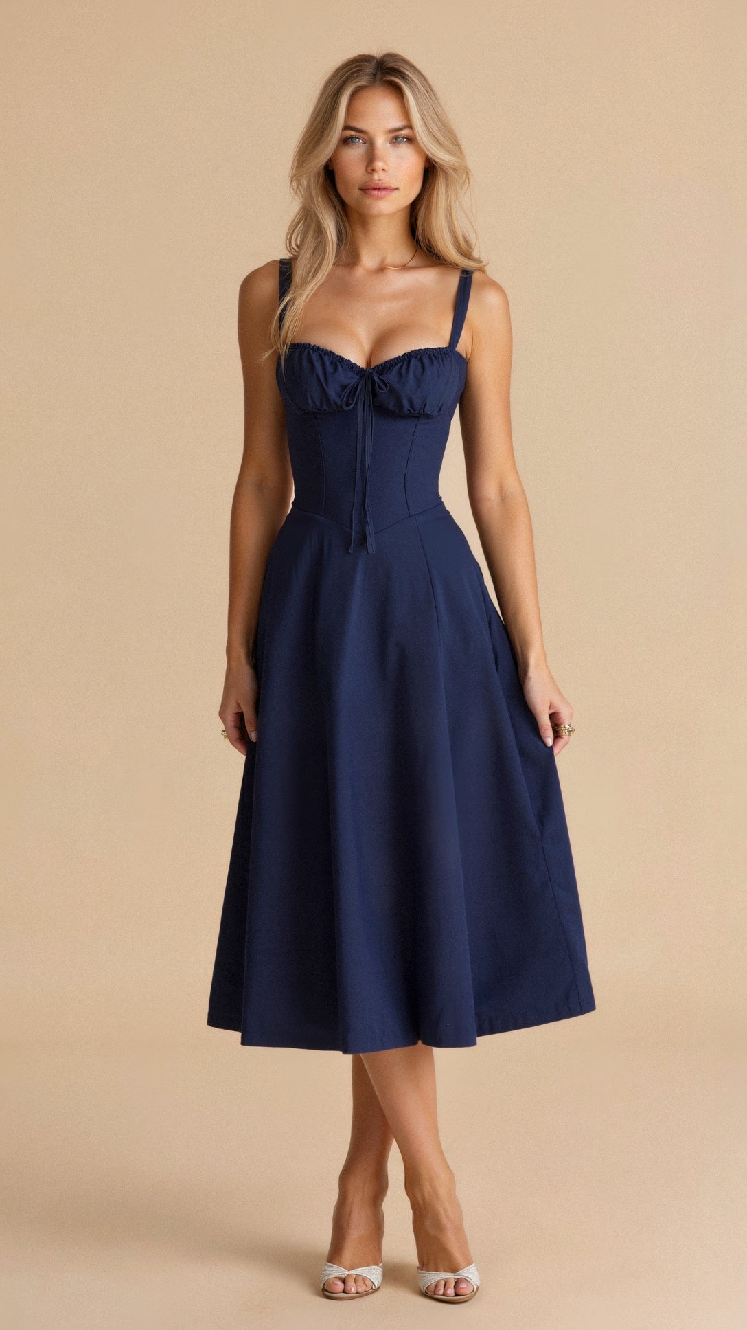 Women's Summer Midi Dress with Sleeveless and Drawstring