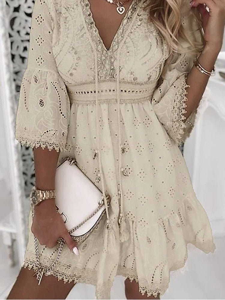Women's Summer Eyelet Lace Dress with V-neck and Drawstring