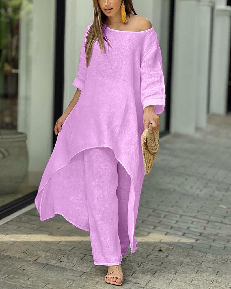 Women's Summer Two-Piece Set with Asymmetrical Long Top With Wide-Leg Pants