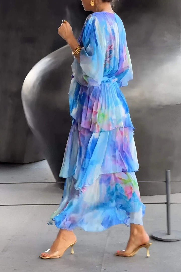 Women's Summer Floral Layered Dress with V-neck and Half Sleeves