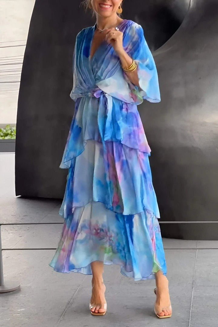 Women's Summer Floral Layered Dress with V-neck and Half Sleeves