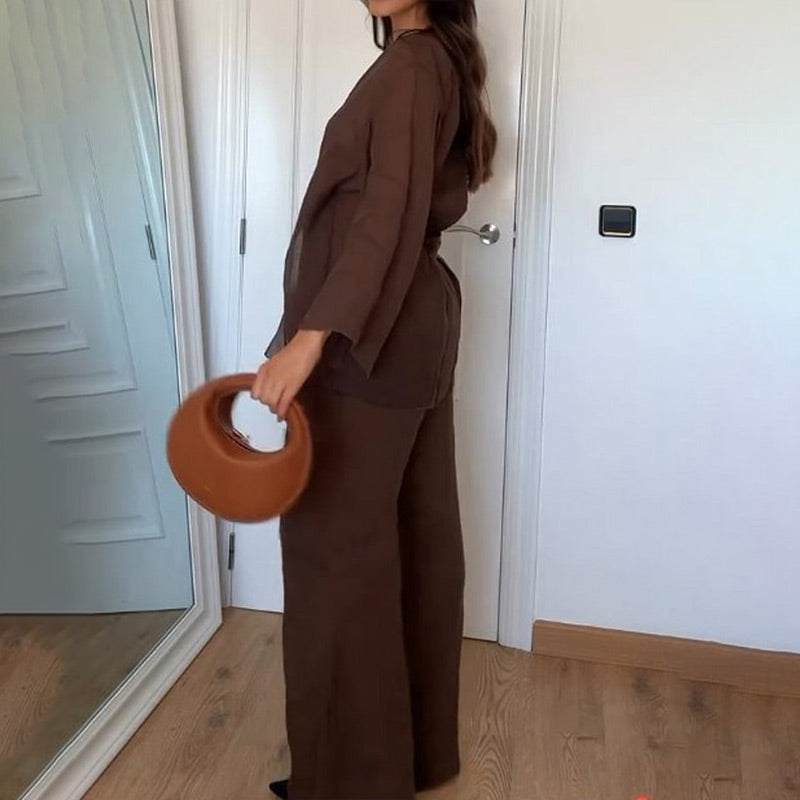Women's Two Piece Set with Long Sleeve Wrap Top and Trouser