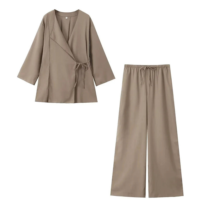 Women's Two Piece Set with Long Sleeve Wrap Top and Trouser