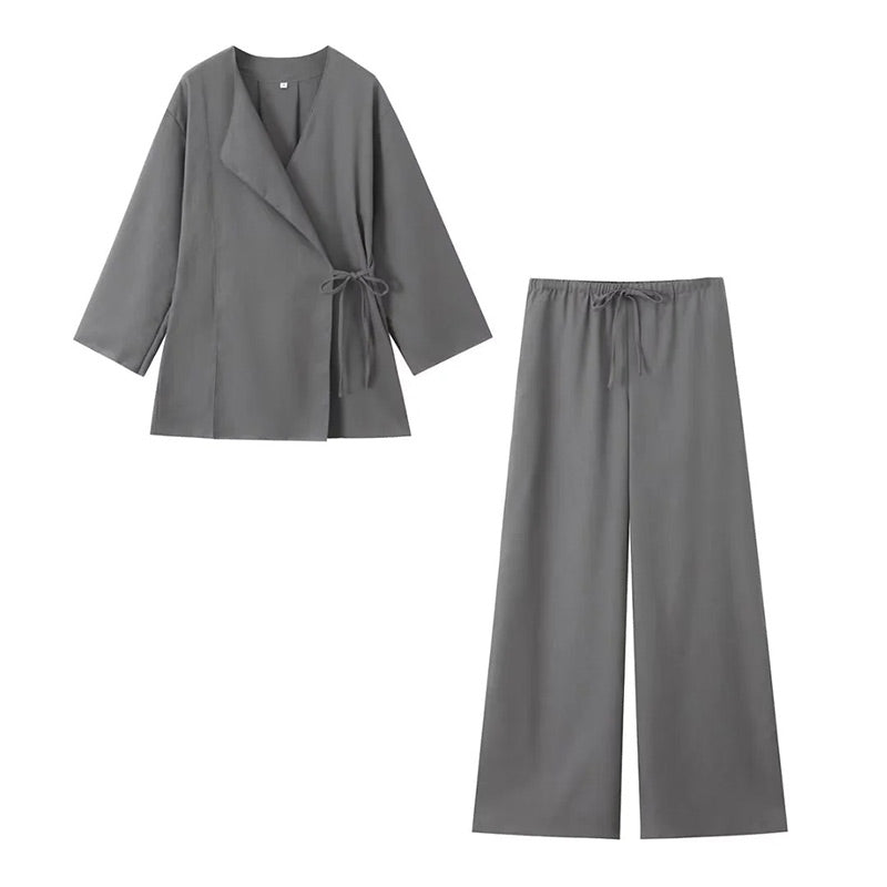 Women's Two Piece Set with Long Sleeve Wrap Top and Trouser