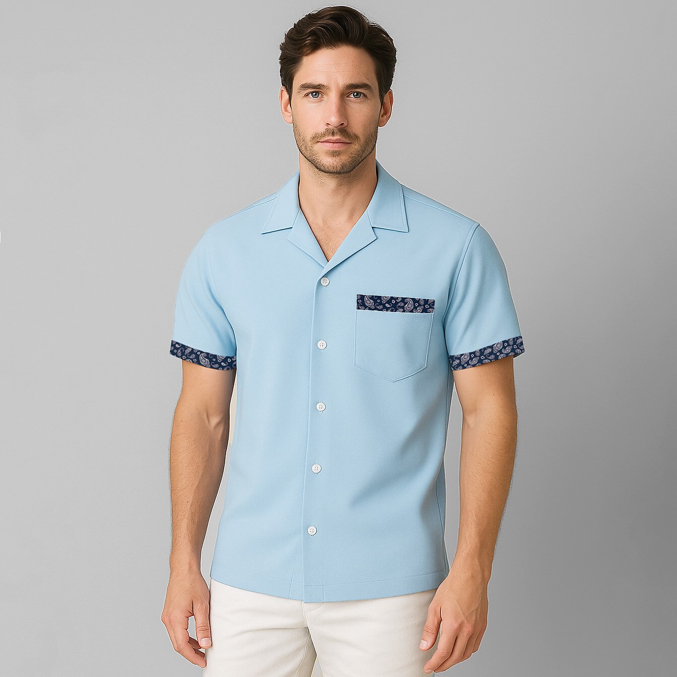 Men's Summer Button-Up Shirt with Paisley Print and Short Sleeve