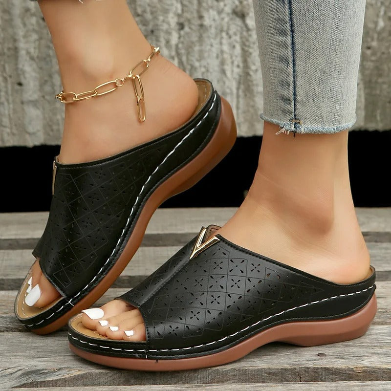 Women's Summer Open Toe Slip-on Sandals with Cut-out Design