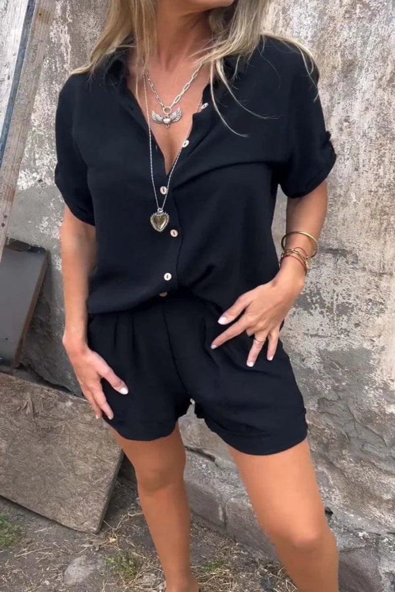 Women's Summer Buttoned Two Piece Set with Short Sleeve Blouse and Shorts