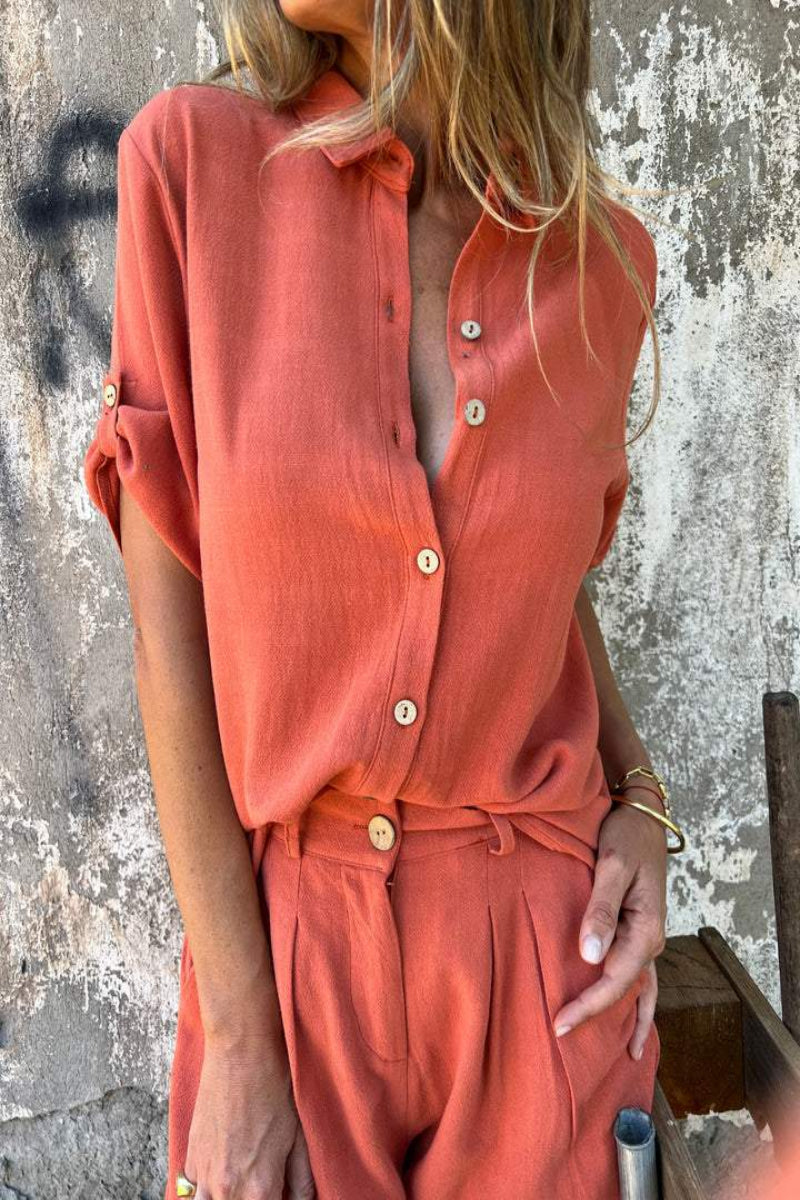Women's Summer Buttoned Two Piece Set with Short Sleeve Blouse and Shorts